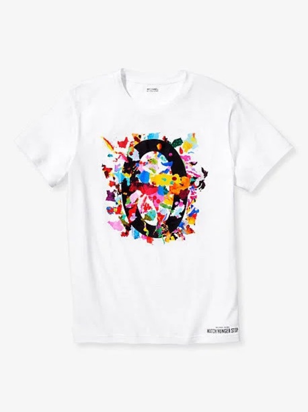 White Graphic Tee with Multicolor Splash Print Watch Hunger Stop Sz Medium
